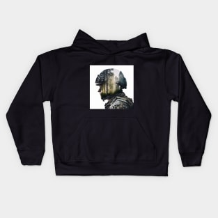 double exposure of soldier in woods Kids Hoodie